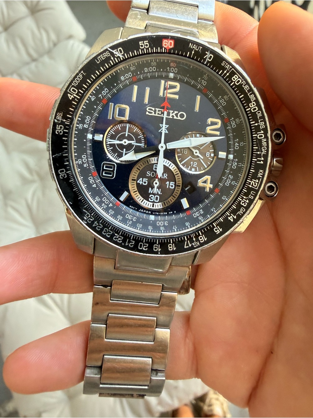 Seiko Prospex V176 Solar Chronograph Pilot Watch Stainless Steel Black Gold Dial